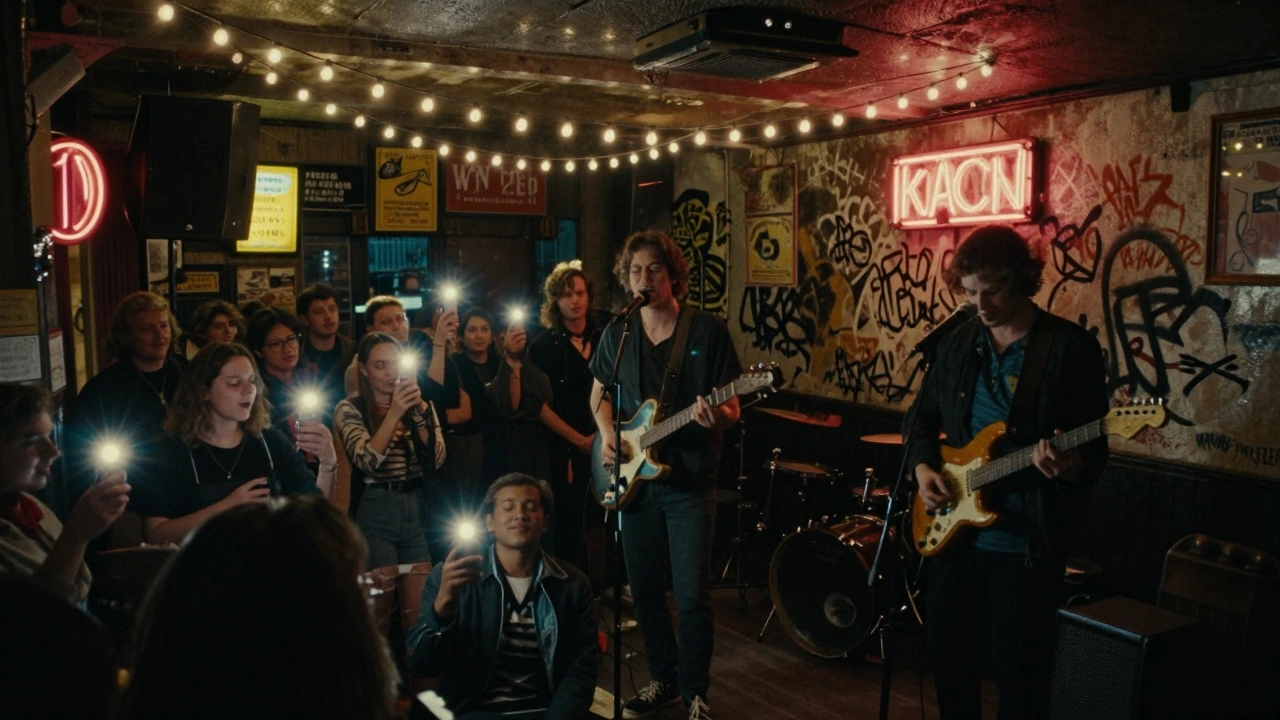 Raw indie band performing in the cramped, graffiti-covered pub stage of The Windmill in Brixton.