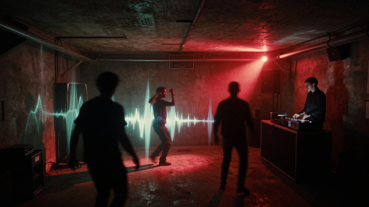 Silhouettes of dancers in Fabric's basement Room 3, illuminated by flickering red strobes.