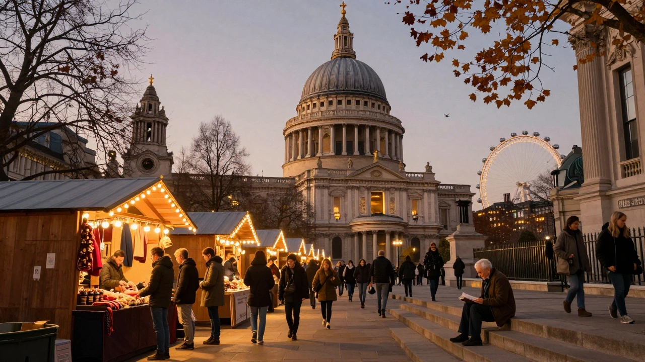 St. Paul’s at dusk with winter market lights, people gathering on steps under soft glow.