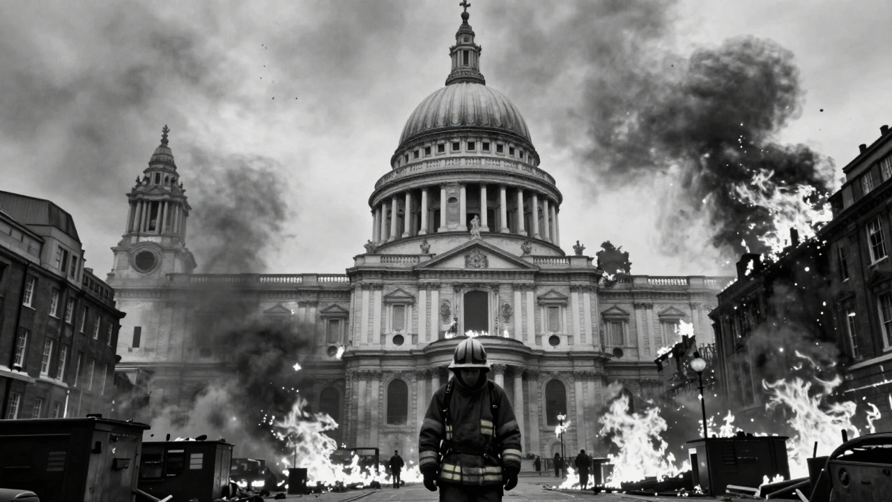 St. Paul’s Cathedral standing amid Blitz fires, smoke and flames surrounding its dome.