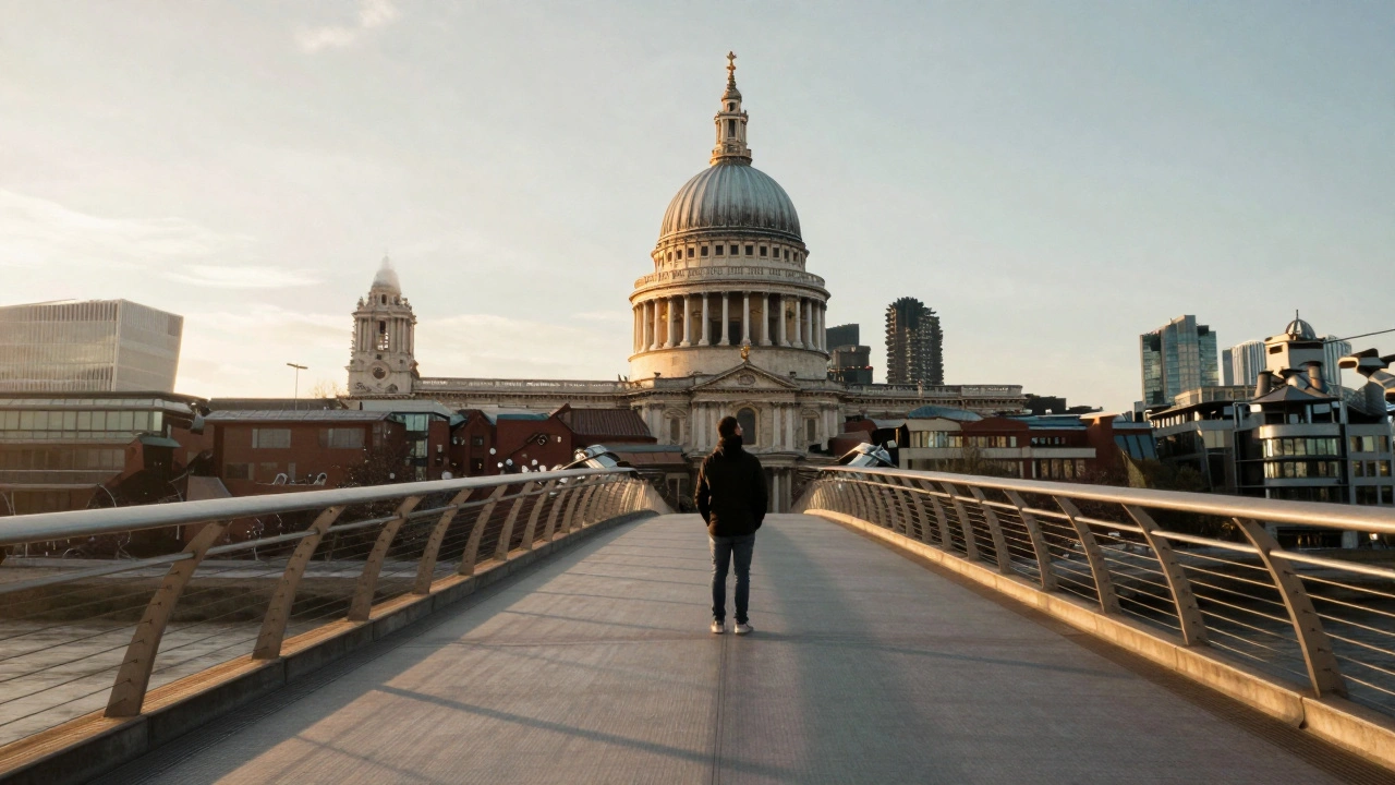 St. Paul’s Cathedral viewed from Millennium Bridge, dome glowing as modern skyscrapers fade behind.