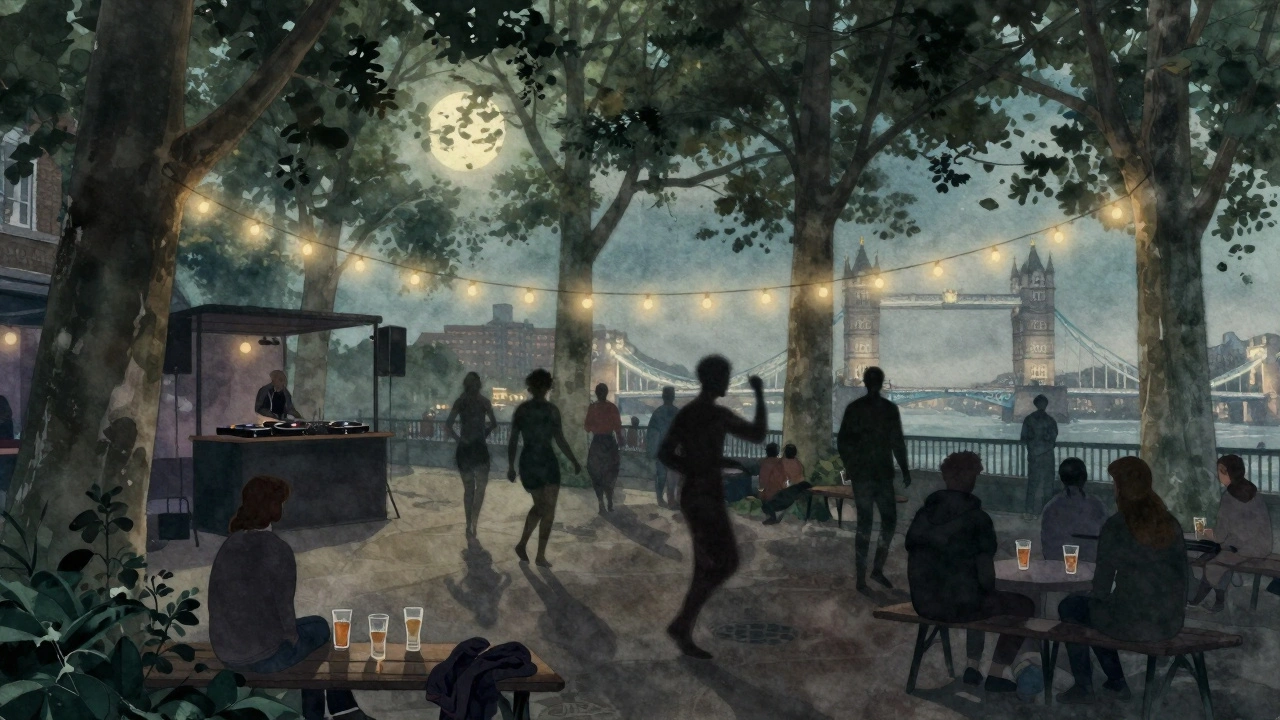 Summer night in Fabric&#039;s courtyard with silhouetted dancers under string lights and distant tower bridge glow.