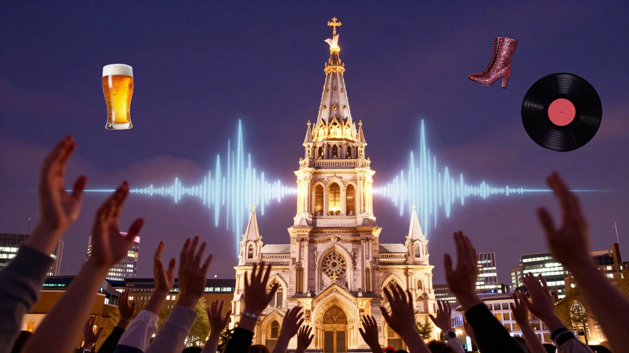 Surreal vision of Heaven as a glowing cultural monument blending church architecture with drag and music symbols.