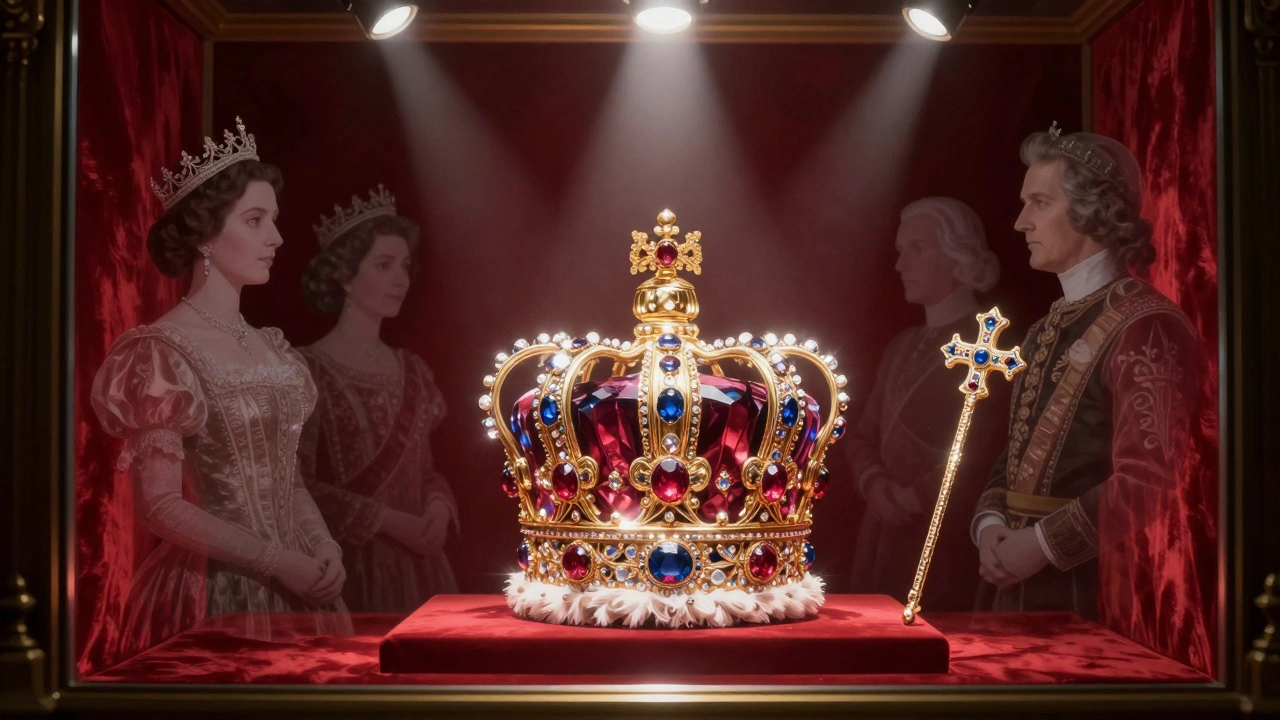 The Crown Jewels glowing under spotlight in the Jewel House, with ghostly royal figures in the background.