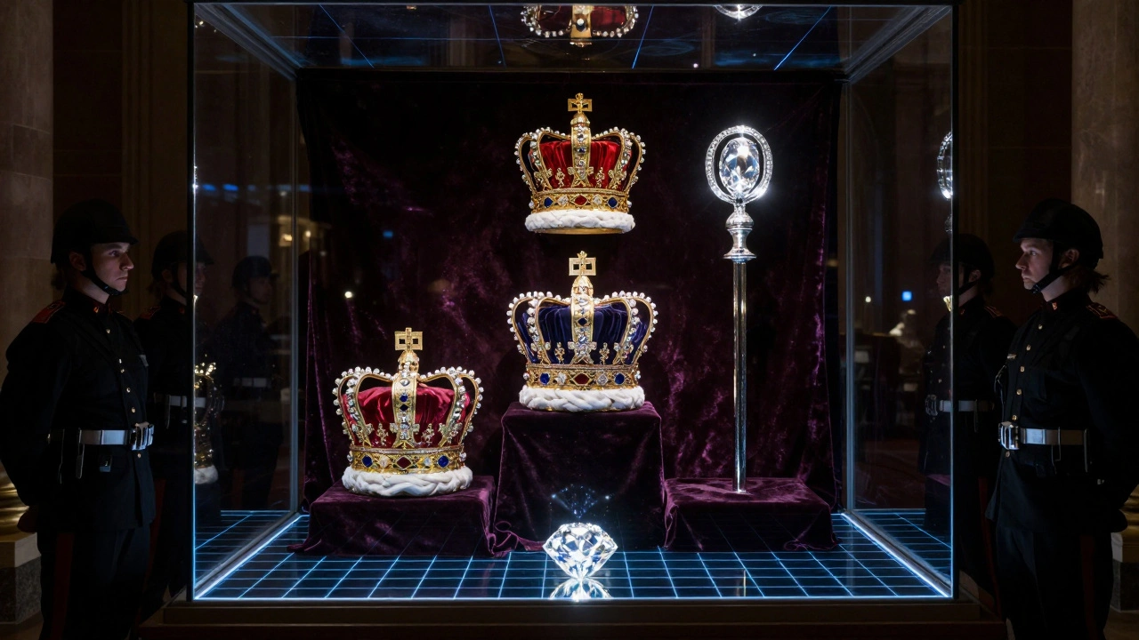 The Crown Jewels under spotlight, surrounded by laser security grids in the Jewel House.