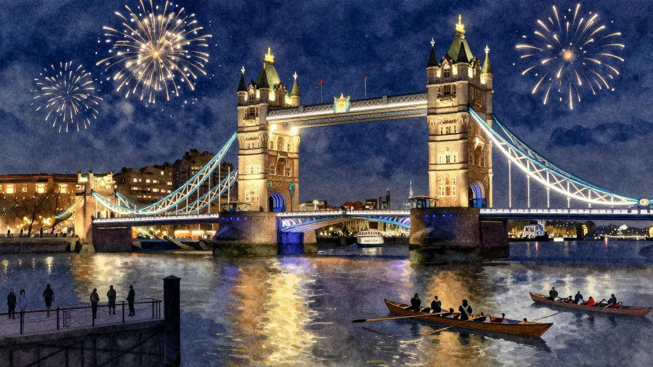 Tower Bridge glowing in winter lights with fireworks reflecting on the river at night.