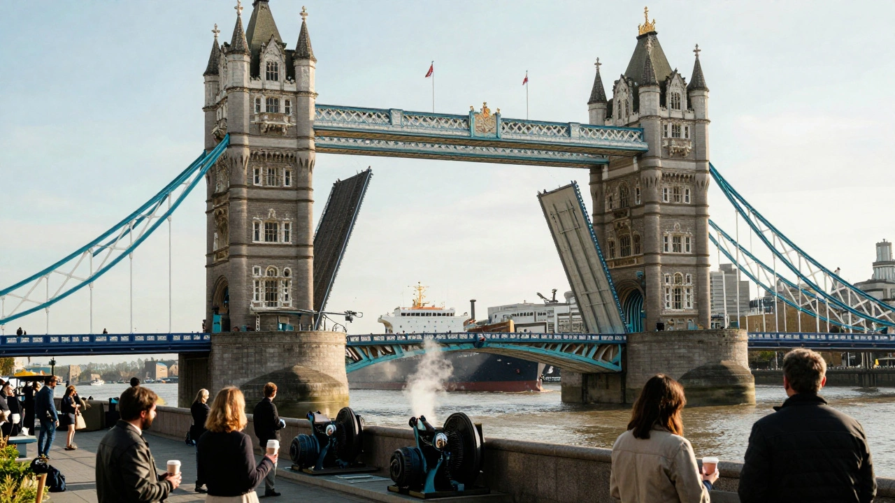 Tower Bridge lifting midday as a cargo ship passes, locals watching from City Hall rooftop.