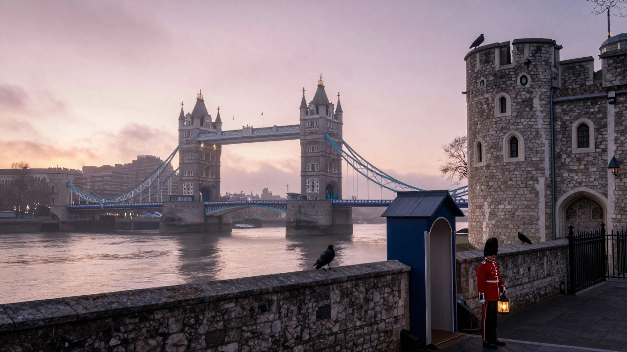 Tower of London at sunrise, mist rising from the Thames with ravens on the battlements.