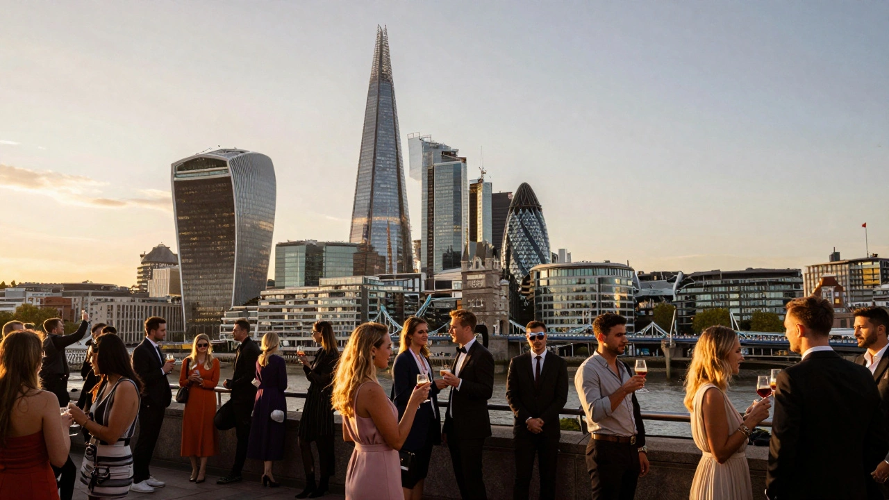 Vibrant crowd at Sky Garden enjoying sunset views over London&#039;s skyline and landmarks.
