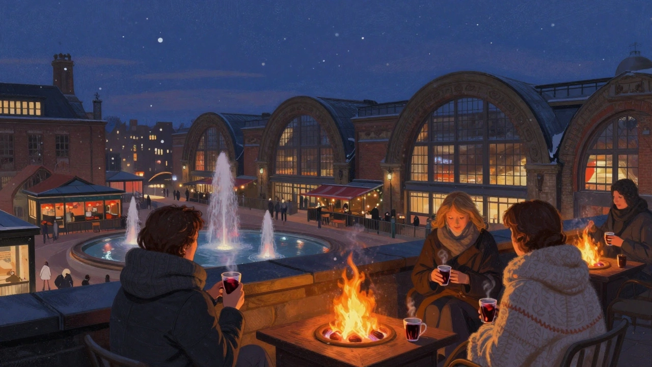 Winter evening at The Rooftop at The Standard with fire pits, mulled wine, and views of King's Cross.
