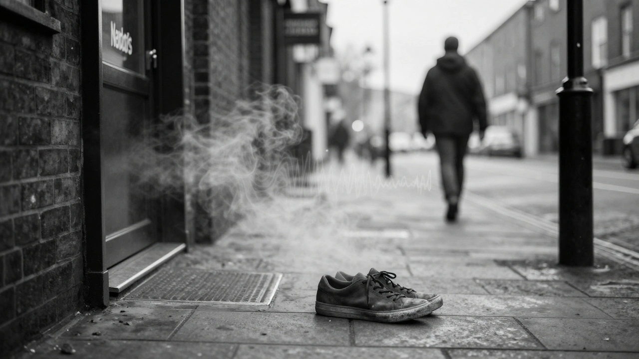 Worn-out shoes left on pavement at dawn outside Fabric, steam rising from a nearby restaurant, misty London street.