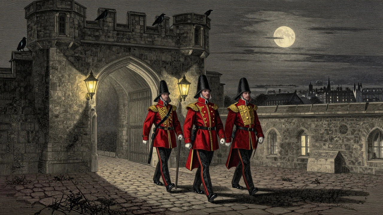 Yeomen Warders performing the nightly Ceremony of the Keys under a full moon, ravens on the towers.