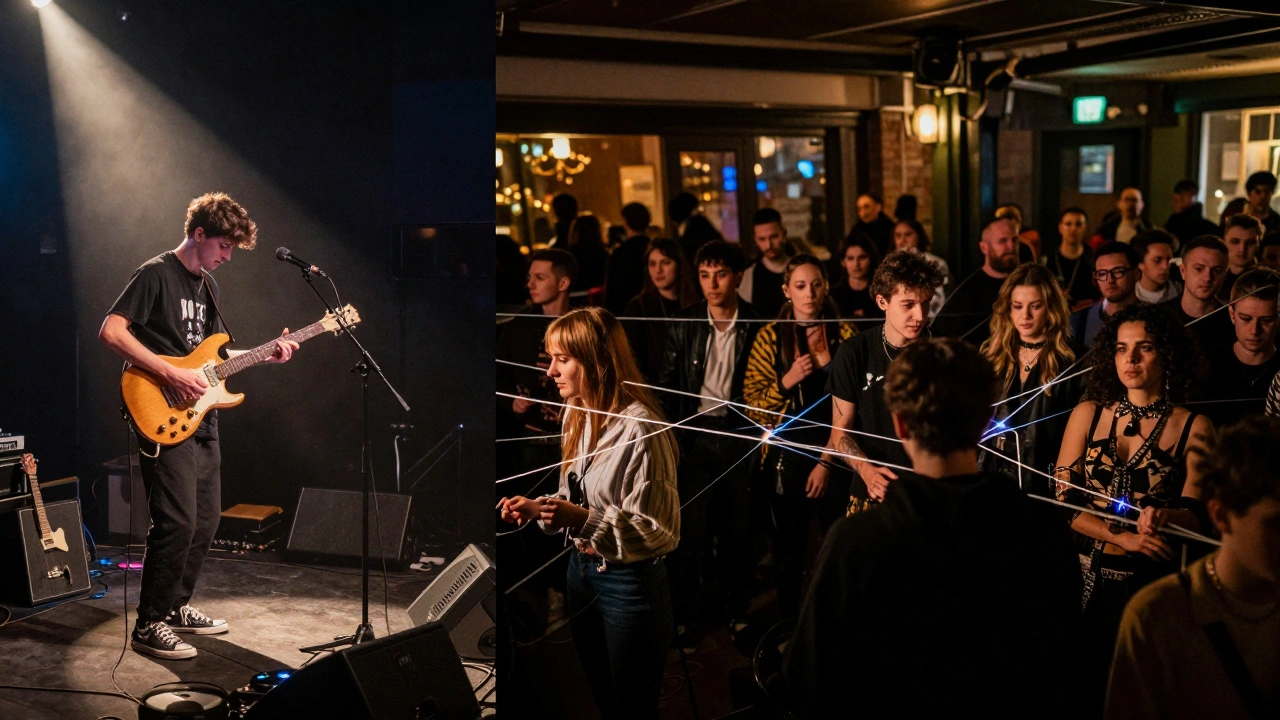 Young musician performing on XOYO stage while regulars gather around, symbolizing community