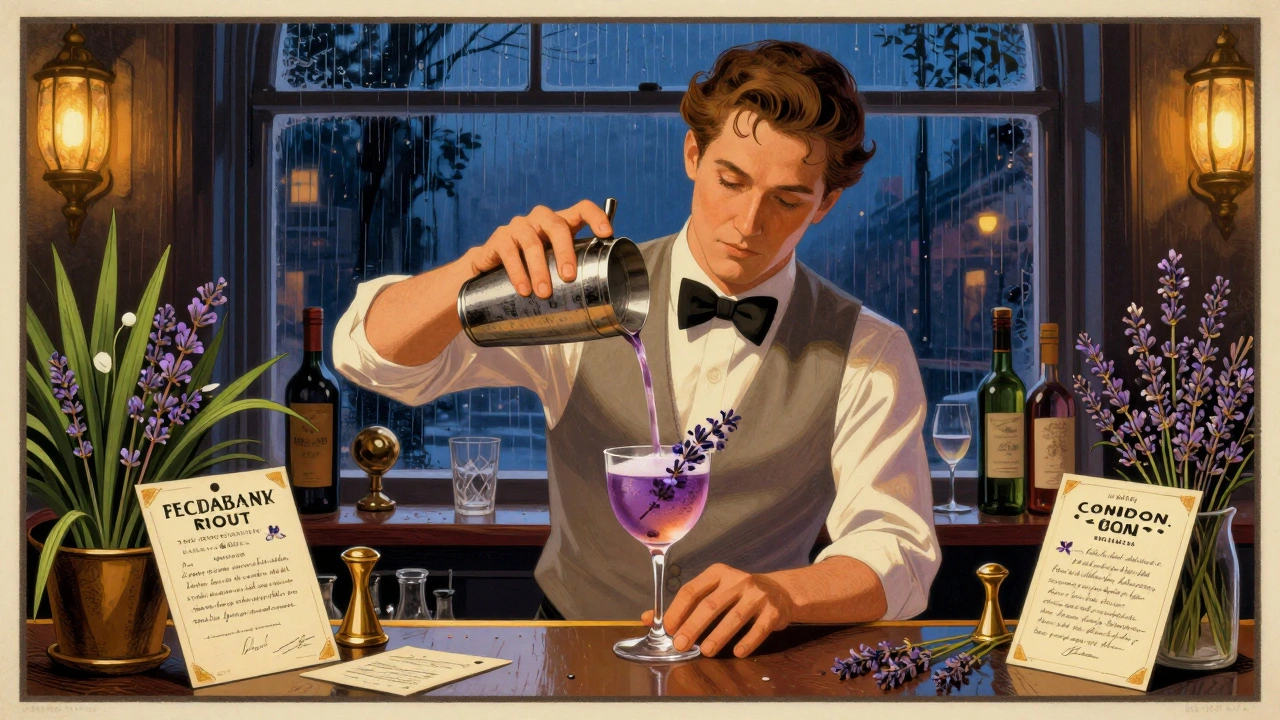 A bartender crafting a lavender gin cocktail with botanicals in an art deco-style bar.