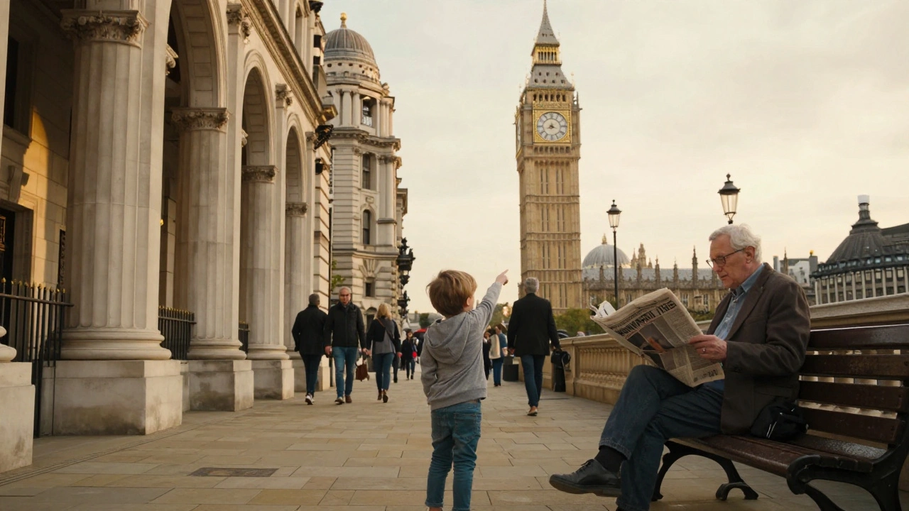 A child points at Big Ben while an elderly man reads on a bench beside historic Bank of England columns.