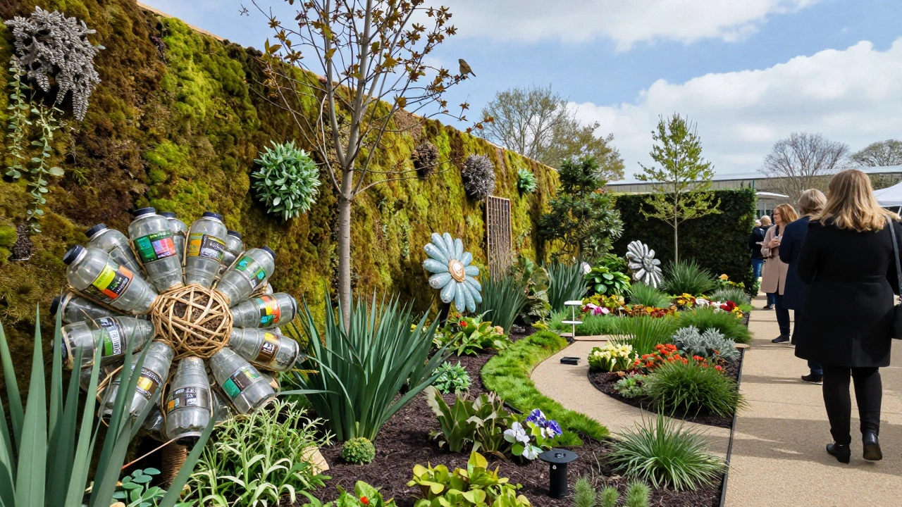 A climate-conscious garden at Chelsea Flower Show with moss walls and recycled plastic flowers, visitors admiring the design.