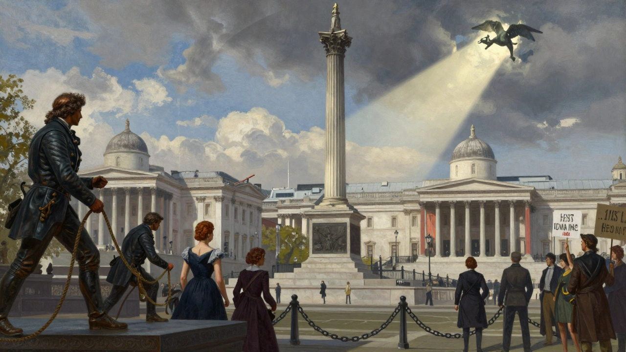 A conceptual blend of historical figures and monuments woven into Trafalgar Square's landscape.