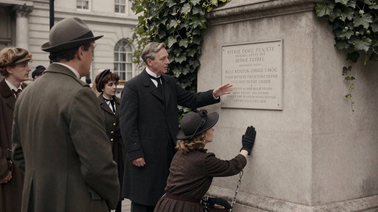 A guide points to a hidden suffragette plaque in Trafalgar Square as visitors listen intently.