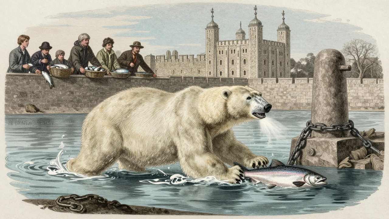 A polar bear swimming in the Thames, chained to a stone post, with the Tower in the background.