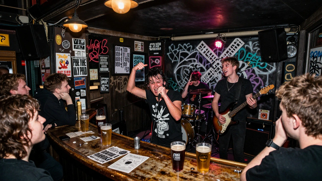 A small punk band performing in a crowded Brixton pub, fans in DIY gear under a single spotlight.