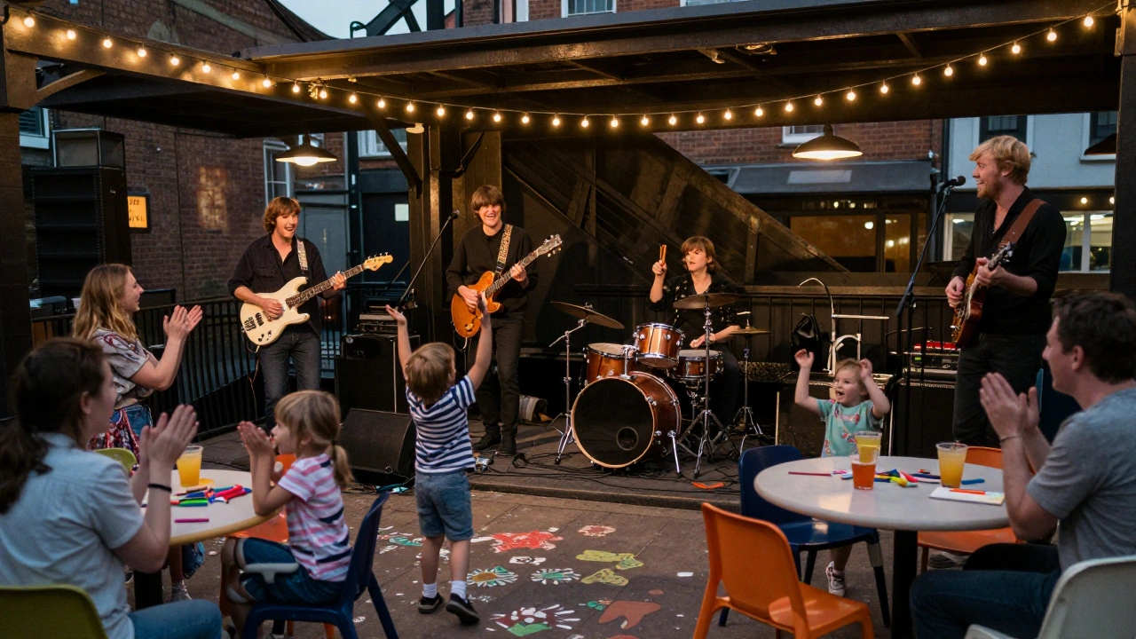 A toddler drumming on stage with a band at a cozy family rock night.