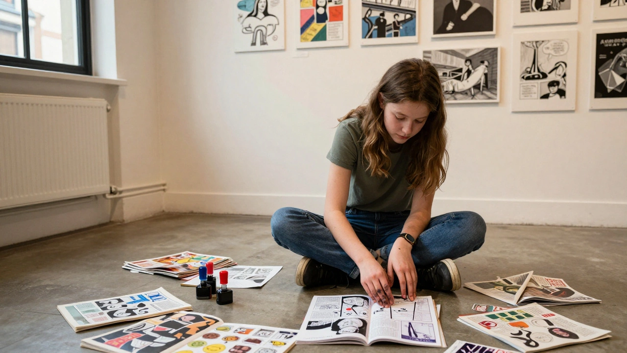 A young girl creating a zine with ink and magazines at Whitechapel Gallery, surrounded by her own art.