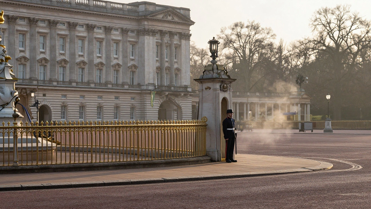 Buckingham Palace at dawn, empty square, golden light on the memorial and guards.