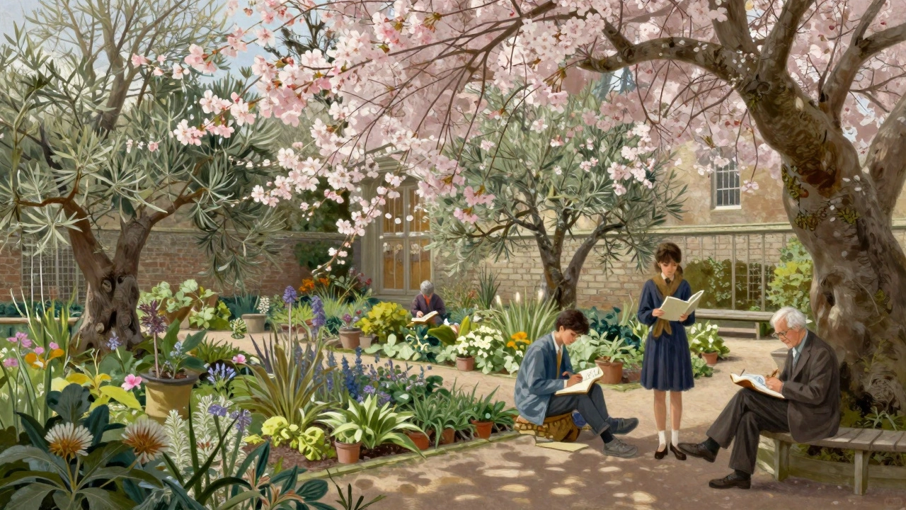 Chelsea Physic Garden's walled courtyard filled with rare herbs and cherry blossoms, visitors reading and sketching under ancient trees.