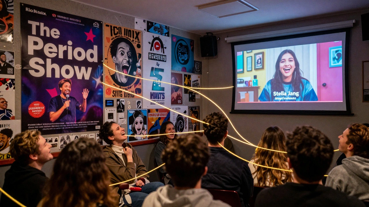 Collage of London comedy venues and a viral YouTube clip, symbolizing women-led humor.