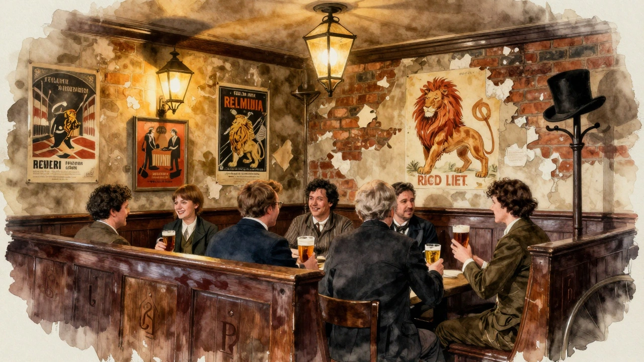 Cozy interior of the Red Lion pub with vintage theatre posters and patrons sharing pints.