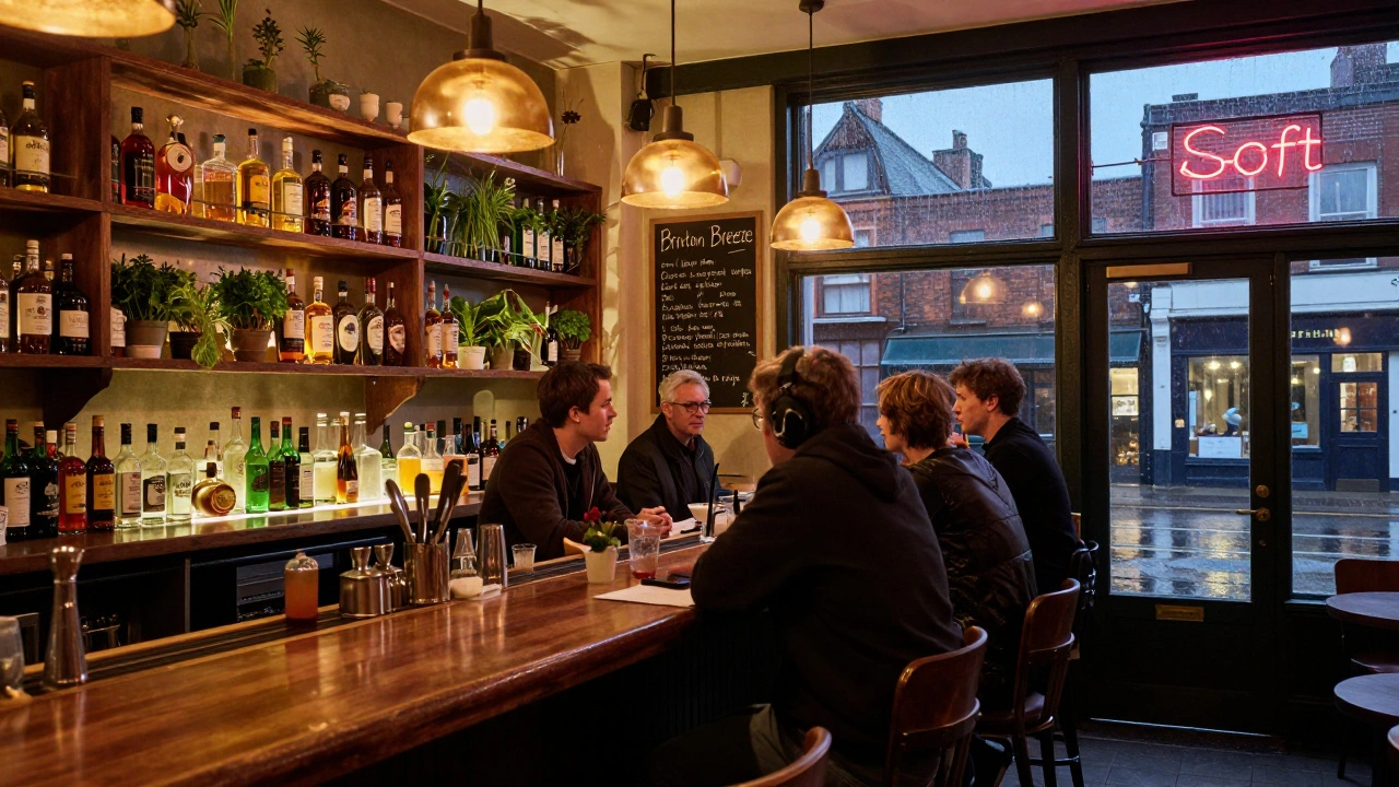 Cozy neighborhood bar in Peckham with locals enjoying craft cocktails, shelves of local gin, and soft evening light through the window.