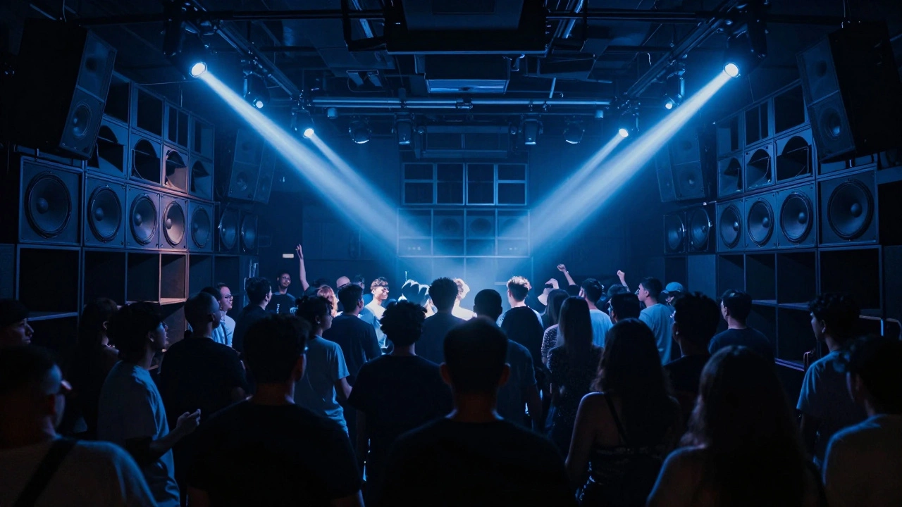 Crowd dancing in darkness at Fabric's Room 1, surrounded by powerful sound systems, no phones, pure music immersion.