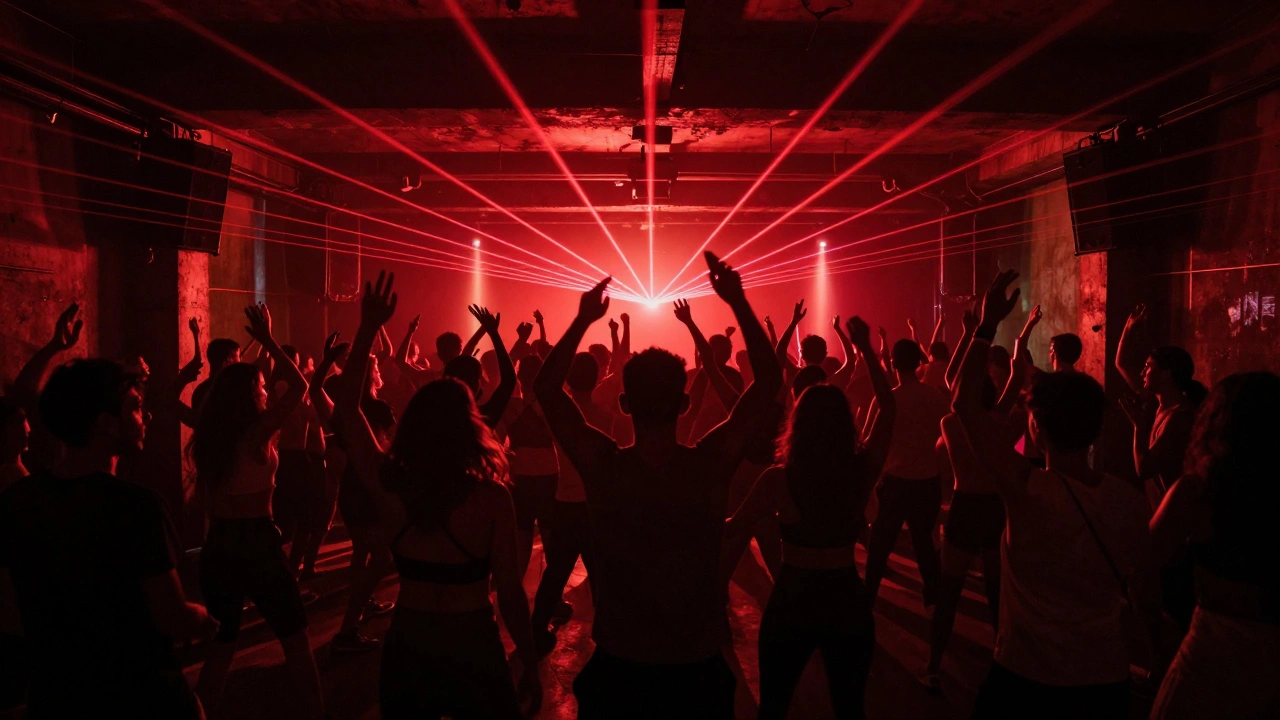 Crowd dancing in Fabric's basement room under red strobes and lasers, no VIP areas, pure focus on music.