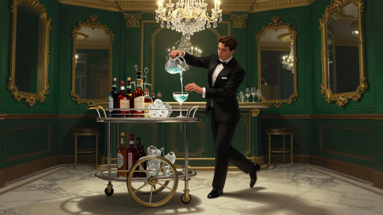 Elegant cocktail cart being wheeled by a tuxedoed bartender in a luxurious Mayfair bar, surrounded by vintage bottles and ice.