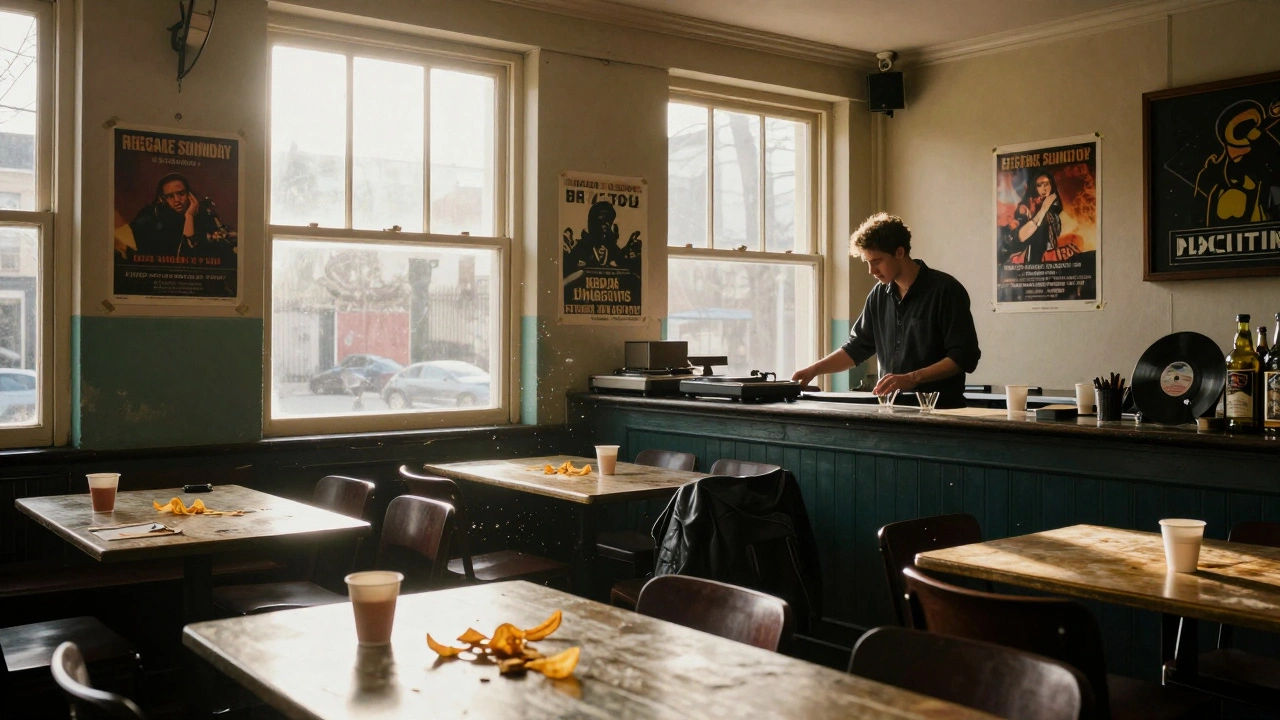 Empty Electric Brixton after Reggae Sunday, sunlight on abandoned cups, vinyl record playing, leather jacket on chair.