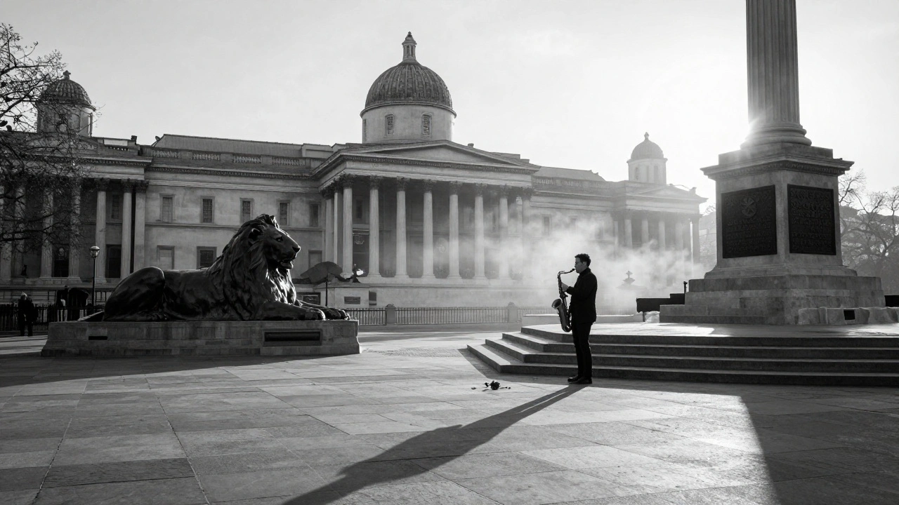 Empty Trafalgar Square at dawn with a saxophonist playing near Nelson’s Column.