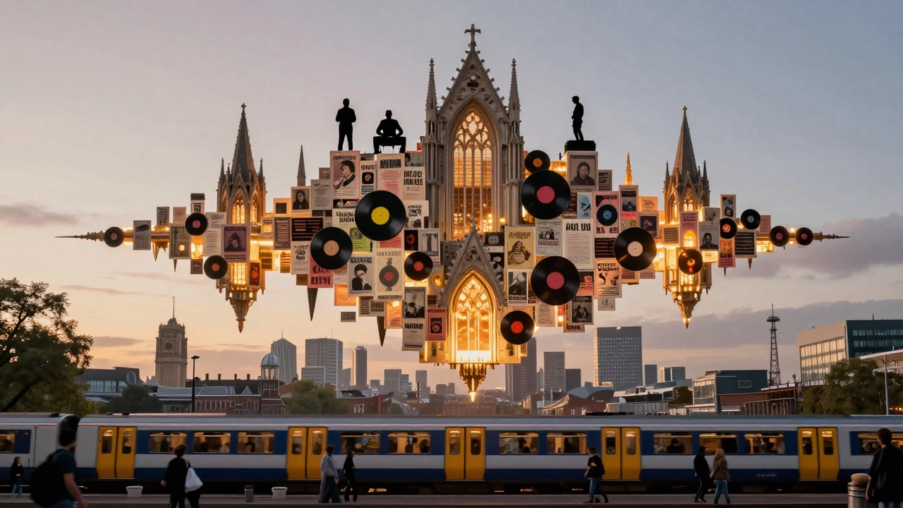 Fabric nightclub as a glowing soundwave cathedral above London at dawn, DJs on spires, trains below.