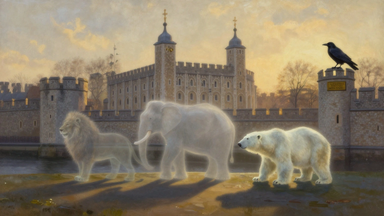 Faint ghostly outlines of historic animals fading into the Tower's walls at dusk, with a raven perched above.