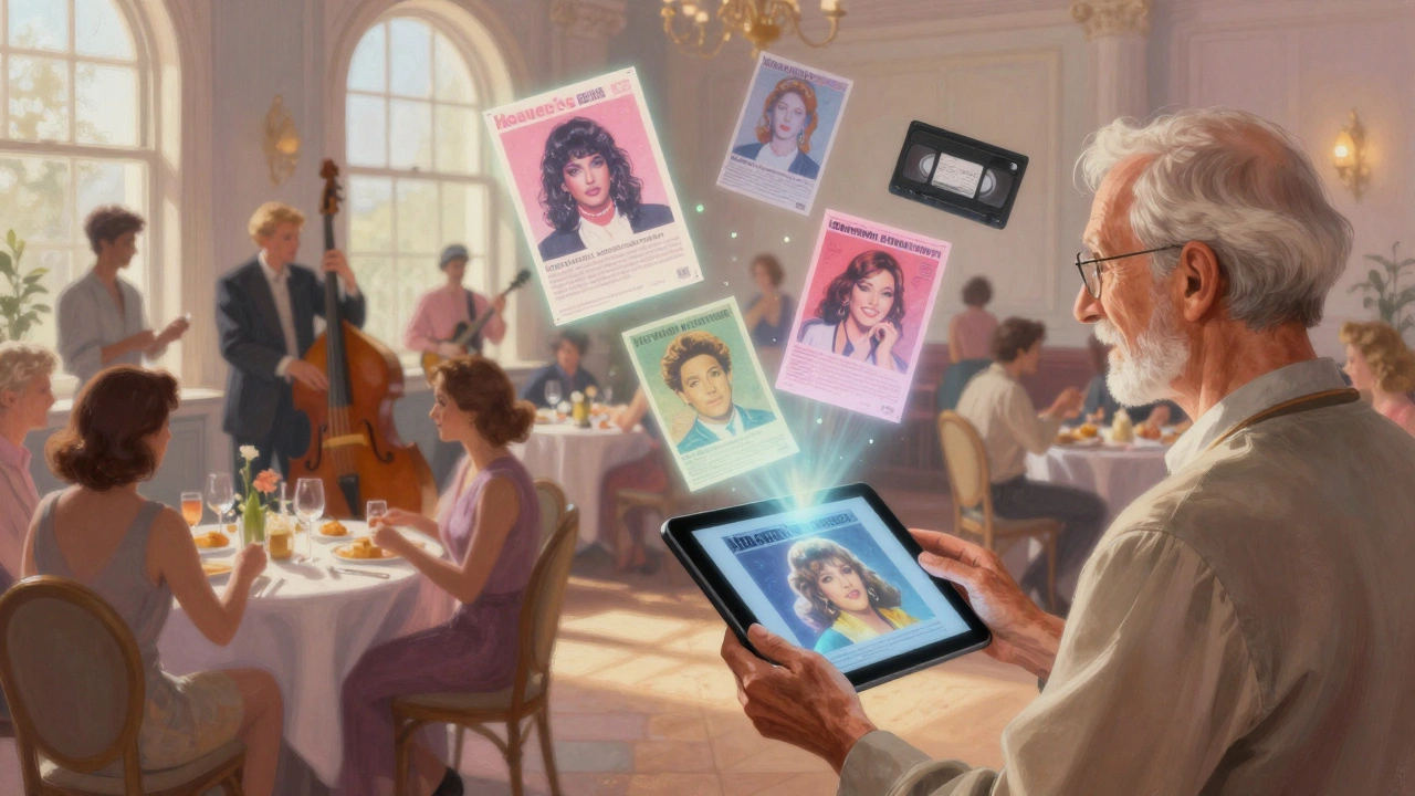 Floating archival images of Heaven's history above a modern Sunday tea dance crowd.