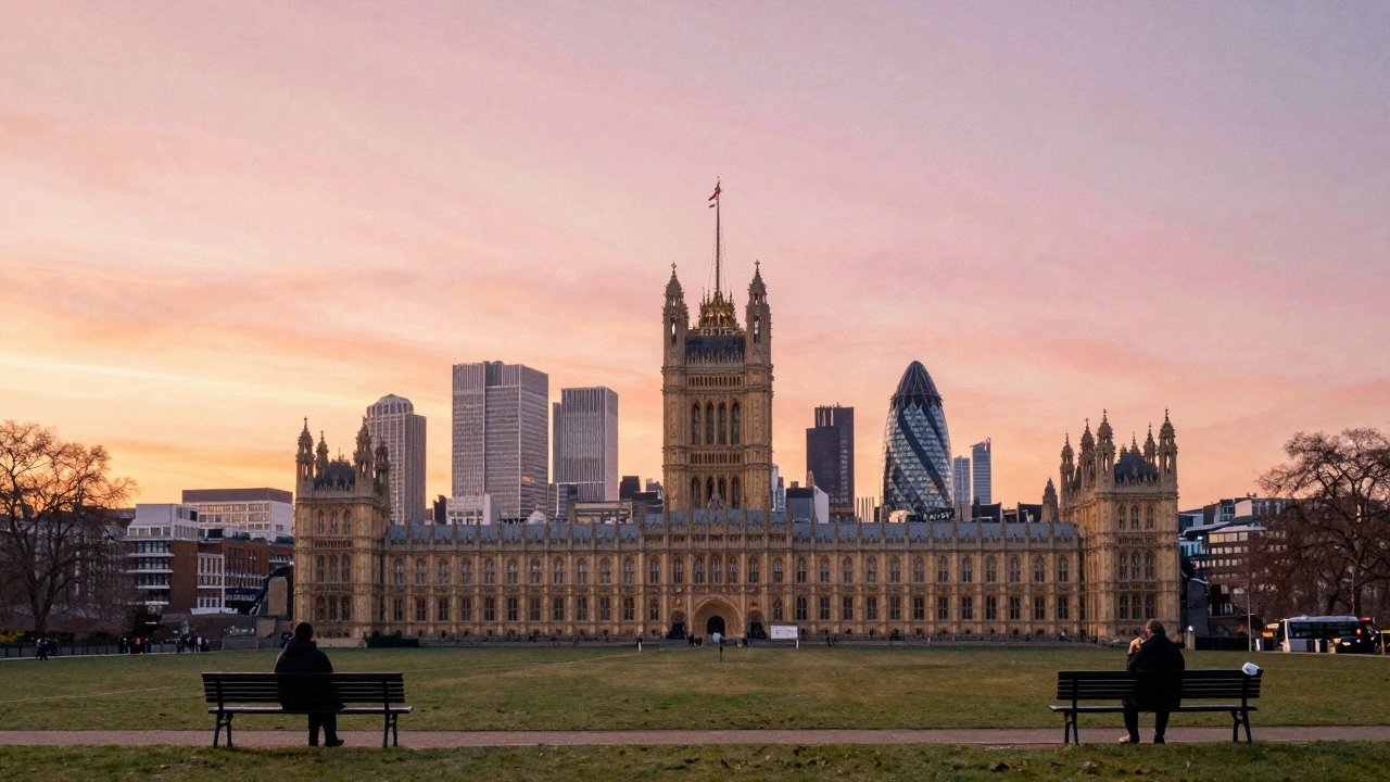Golden hour panorama from Hampstead Heath with London towers and a lone figure on a bench.