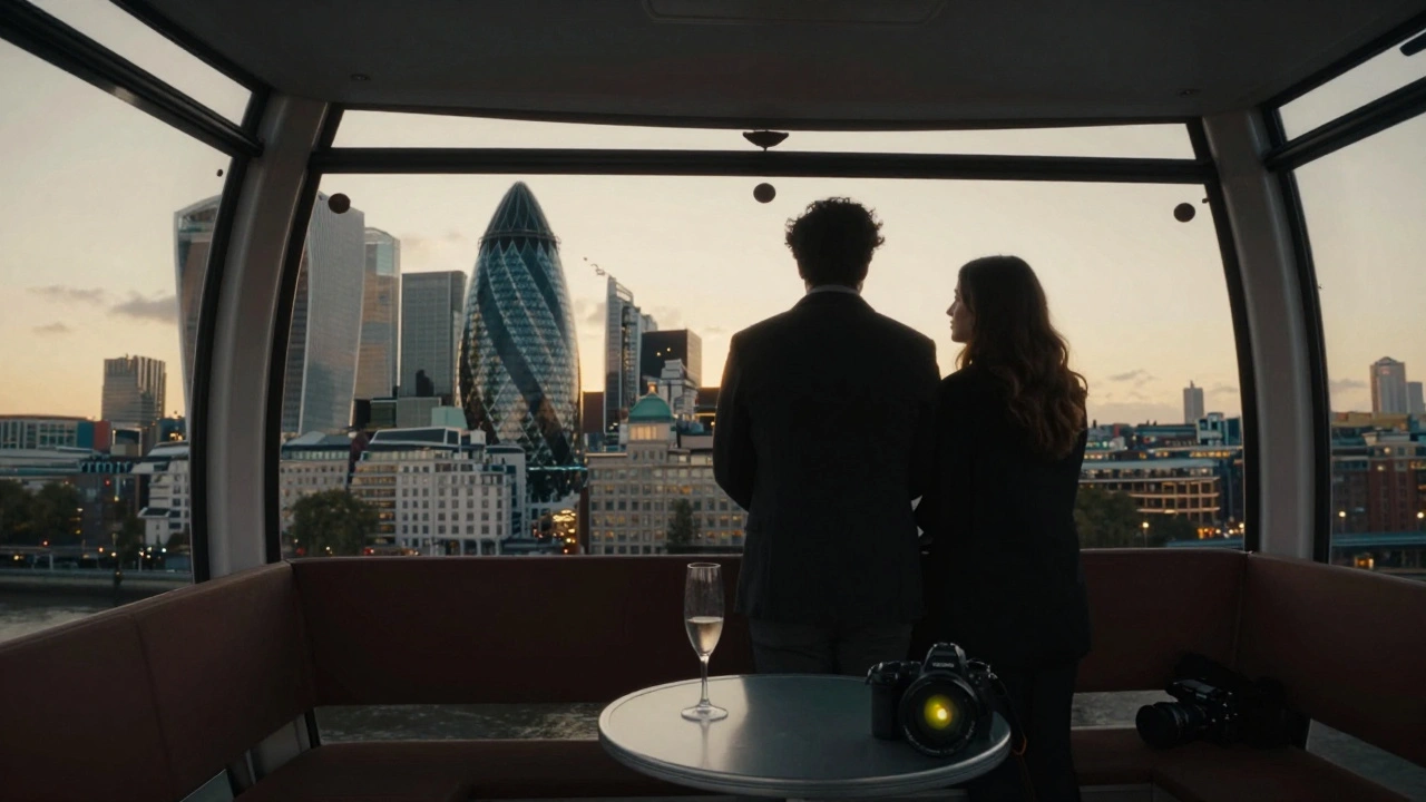 Inside the London Eye pod at golden hour, two people enjoying the view with champagne and a camera.