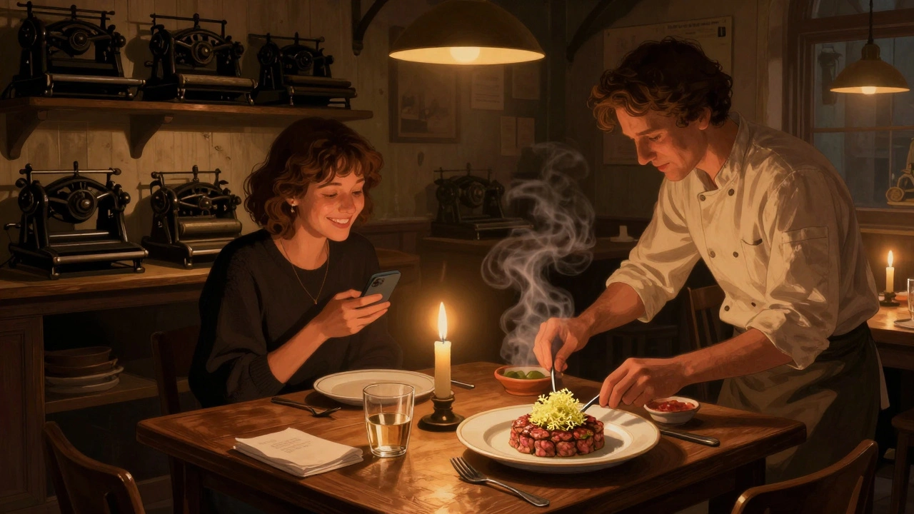 Intimate dinner in a converted print shop with candlelit table and artisanal dishes.