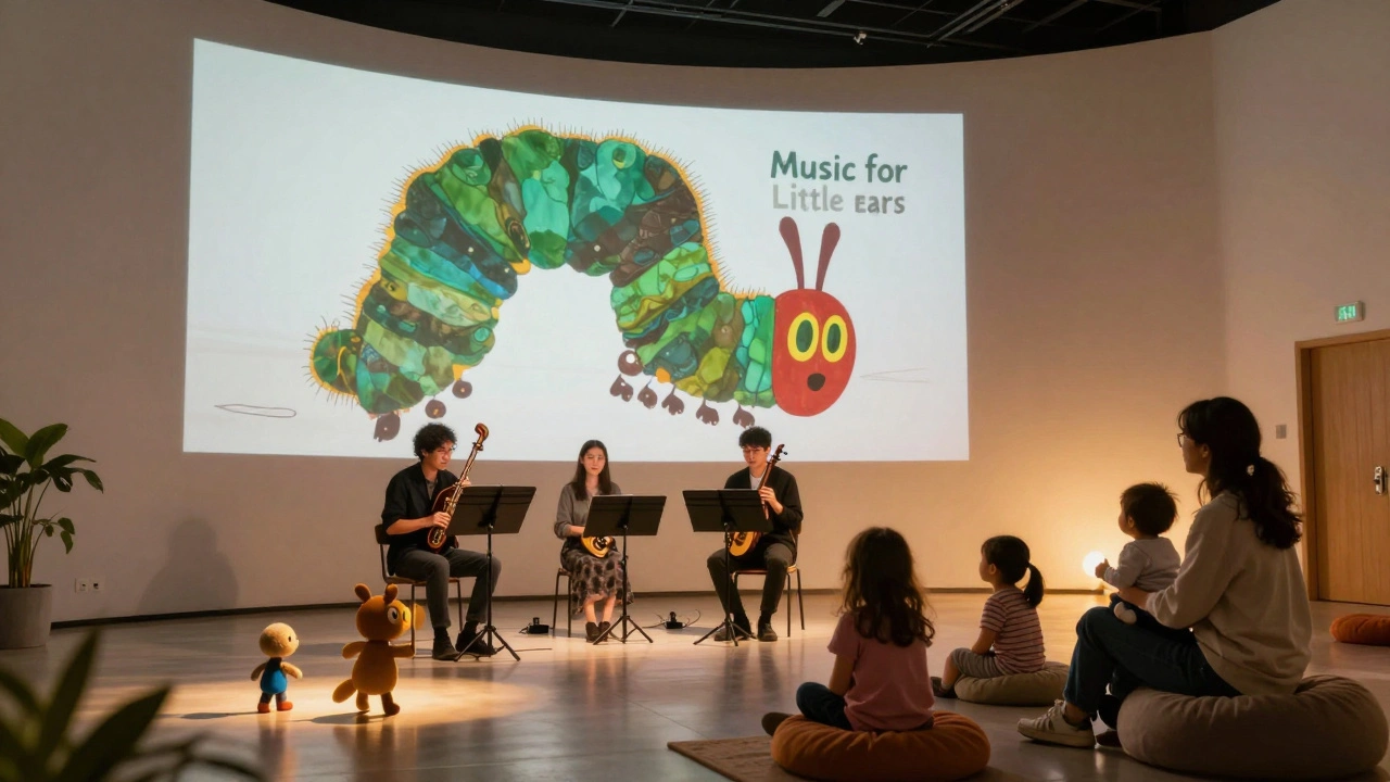 Kids watching animated stories come to life with live jazz music.