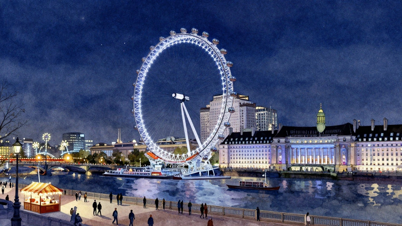 London Eye at night surrounded by twinkling South Bank lights and river boats below.