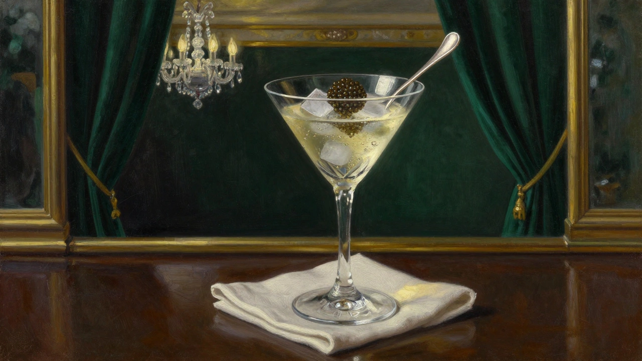 Luxurious Connaught Bar martini with caviar on ice, crystal glass, gilded surroundings.