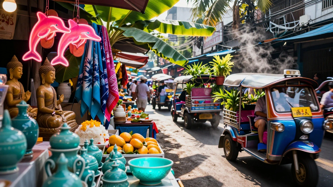 Massive Bangkok market with neon flip-flops, silk scarves, and turquoise ceramics under tropical sunlight.