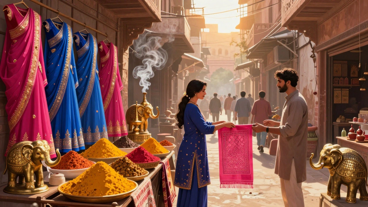 Narrow market alley in Delhi filled with vivid silk saris, brass lamps, and piles of golden spices.
