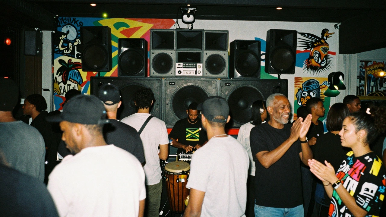 Packed dance floor inside Electric Brixton with live reggae drums, custom sound system, and layered street art on walls.