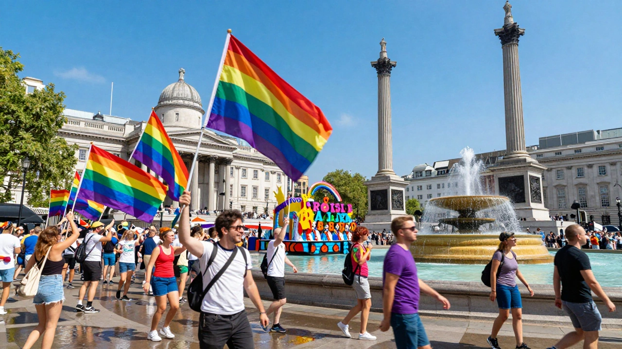 Pride parade in Trafalgar Square with rainbow flags, dancing crowds, and colorful floats.