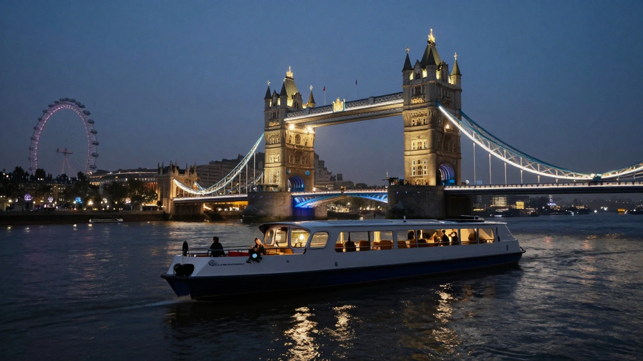 Private boat drifting past Tower Bridge at night with glowing landmarks reflected on water.